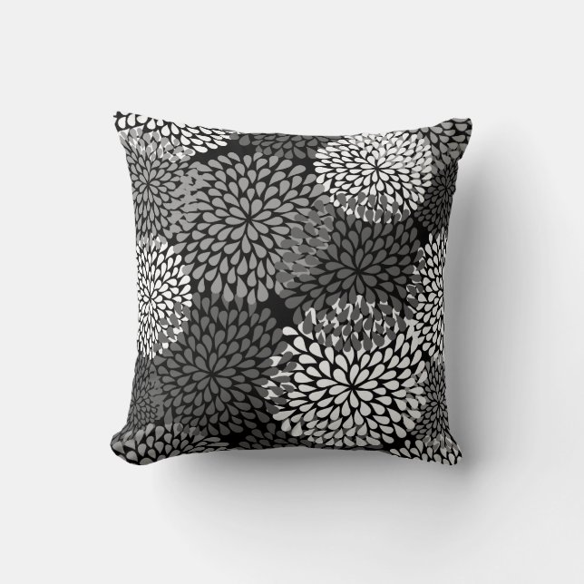 Oreiller floral noir et blanc - Chrysanthème (Recto)
