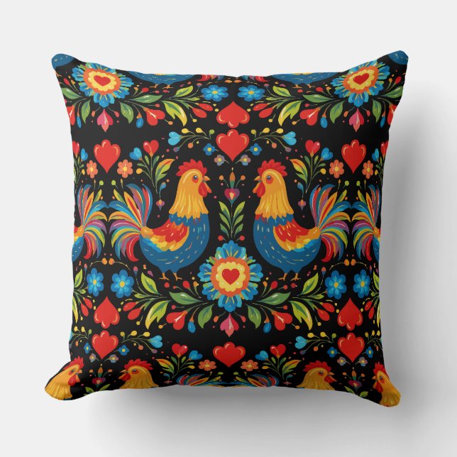 Oreiller floral poulet art populaire (Recto)
