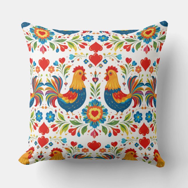 Oreiller floral poulet art populaire (Recto)