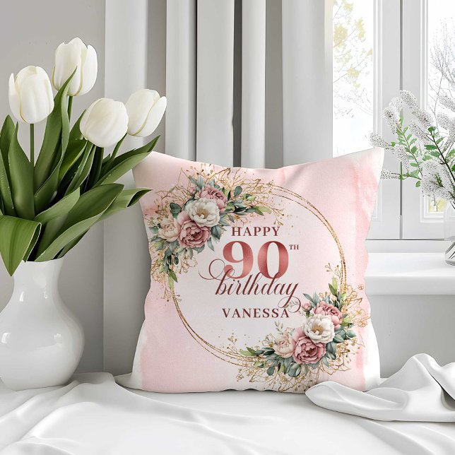 Oreiller Floral Vert Pâle Rose Poussiéreux pour 90 (Dusty Pink Greenery Floral 90th Birthday Pillow)
