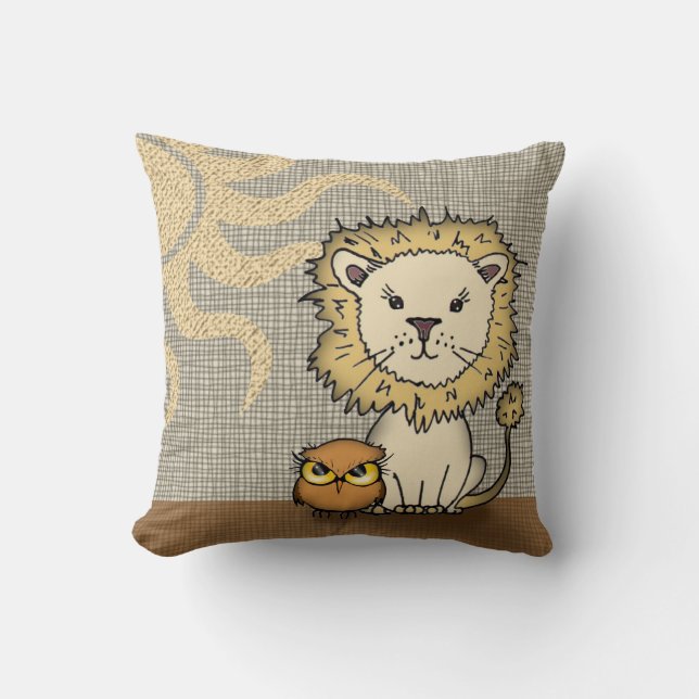 Oreiller jetable Lion et Hibou mignon pour garçon  (Recto)