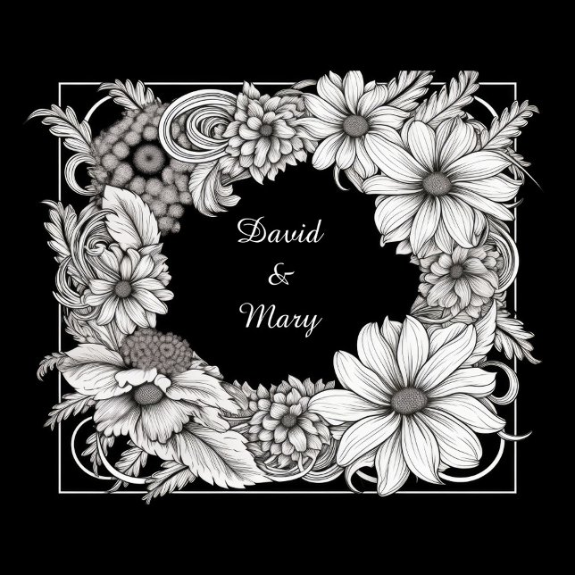 Oreiller jeté à cadre floral (A black and white illustration features a floral frame surrounding the names "David & Mary.)
