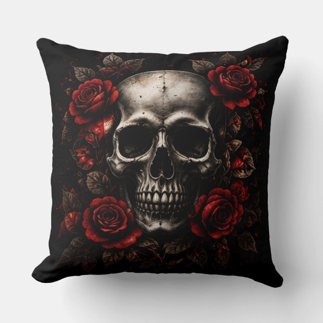 Oreiller jeté à crâne gothique avec roses rouges e (Recto)