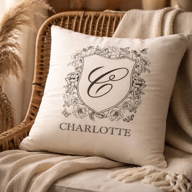 Oreiller jeté à monogramme à couronne florale élég (Créateur téléchargé)