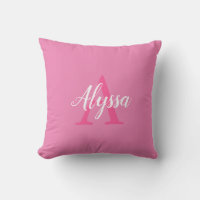 Oreiller jeté à monogramme rose et blanc avec écri
