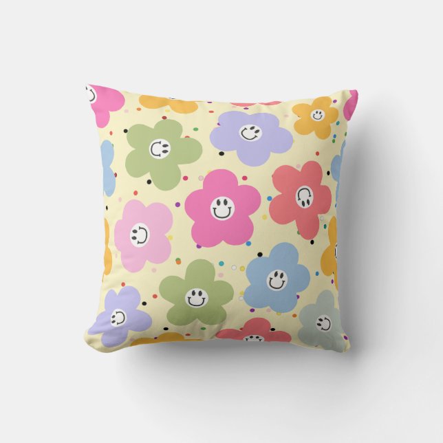 Oreiller jeté à motif de fleur smiley pastel rétro (Recto)