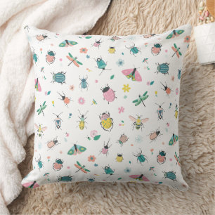 Oreiller jeté à motif de jolis insectes pastel