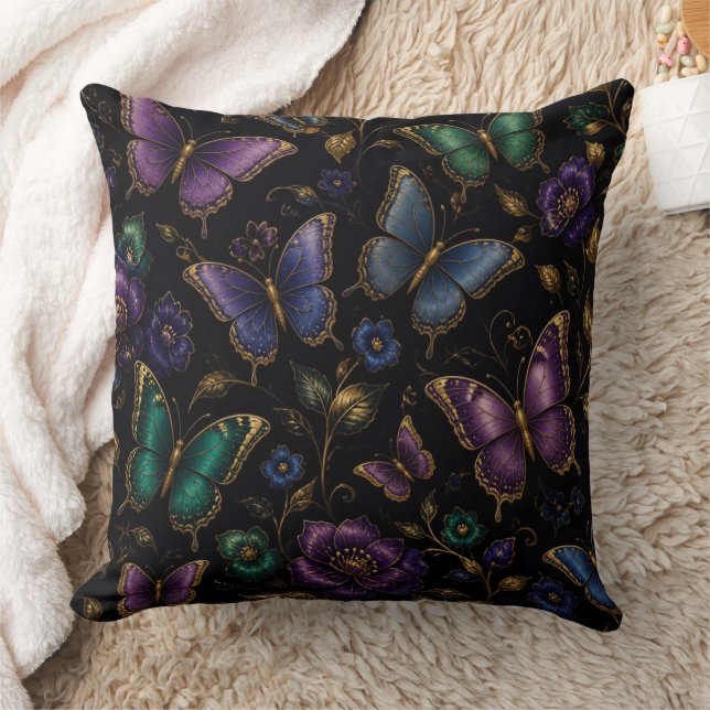 Oreiller jeté à motif de papillon élégant foncé (Couverture)