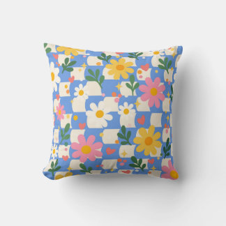 Oreiller jeté à motif floral damier bleu à marguer