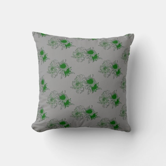 Oreiller jeté à motif floral gris et vert moderne (Recto)
