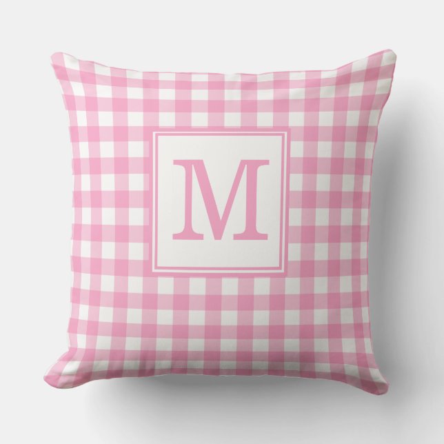 Oreiller jeté à motif gingham rose avec monogramme (Recto)