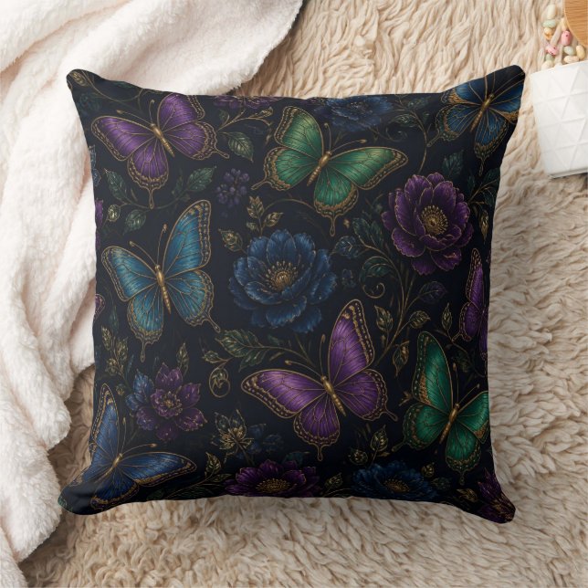 Oreiller jeté à motif papillon élégant foncé (Couverture)