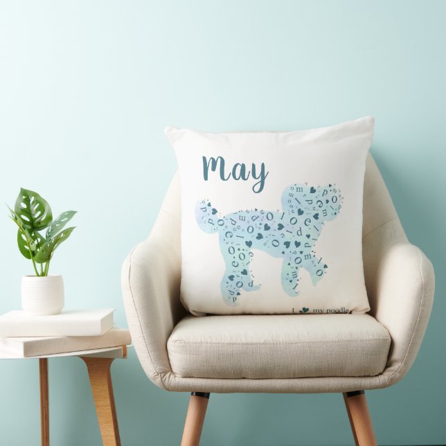 Oreiller jeté à silhouette de caniche bleu pastel  (Chaise)