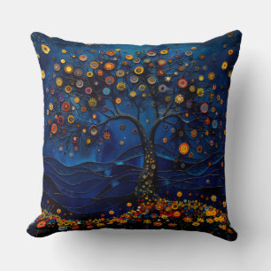 Oreiller jeté Arbre de Vie Bleu Nuit Art Whimsique