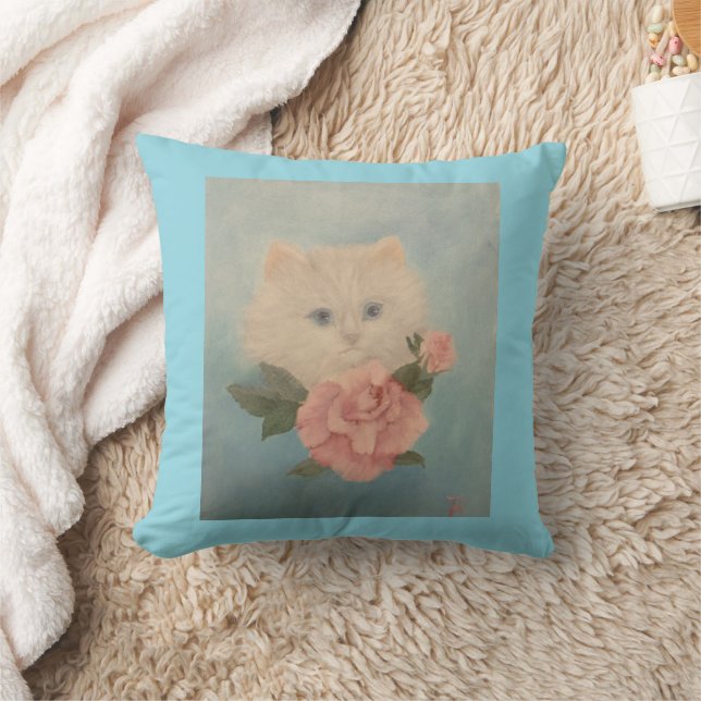 Oreiller jeté avec chaton blanc et fleurs (Couverture)