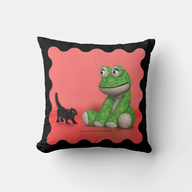 Oreiller jeté avec chaton et grenouille en peluche (Recto)