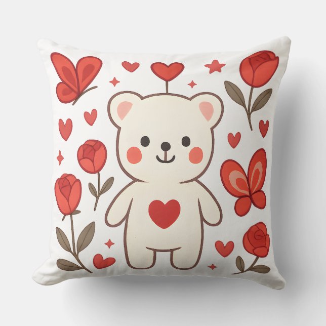 Oreiller jeté avec un ours adorable et un cœur (Recto)