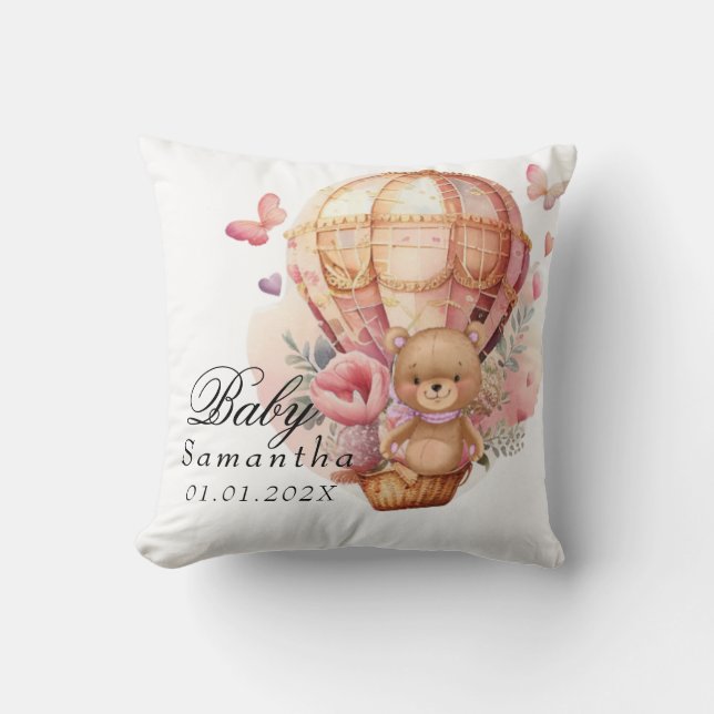 Oreiller jeté bébé montgolfière rose ourson (Recto)