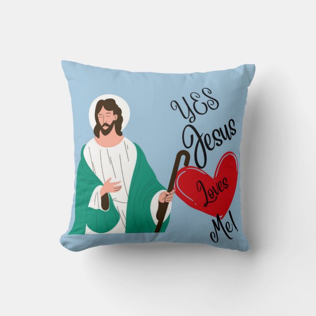 Oreiller jeté bleu clair "Oui, Jésus m'aime" (Recto)
