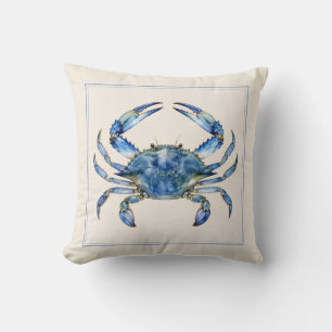 Oreiller jeté bleu crabe aquarelle côtier