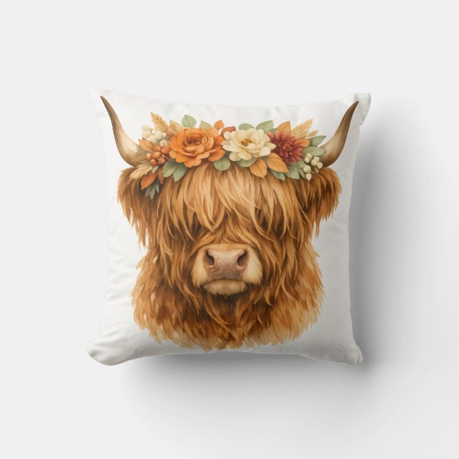 Oreiller jeté Boho Highland Cow avec couronne flor (Recto)