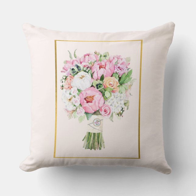 Oreiller jeté Bouquet Floral Rose, Blanc et Vert (Recto)