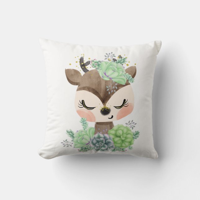 Oreiller jeté Cerf à l'aquarelle avec Succulents (Recto)