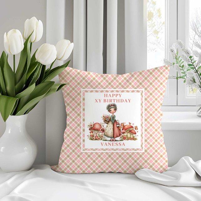 Oreiller jeté champignon rose pour 5ème anniversai (Cute Fairy 5th Birthday Pink Mushroom Throw Pillow)
