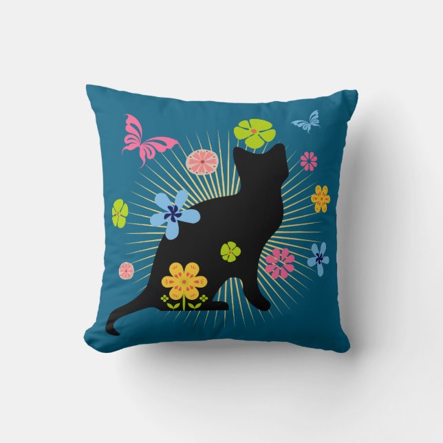Oreiller jeté chat noir floral fantaisiste (Recto)