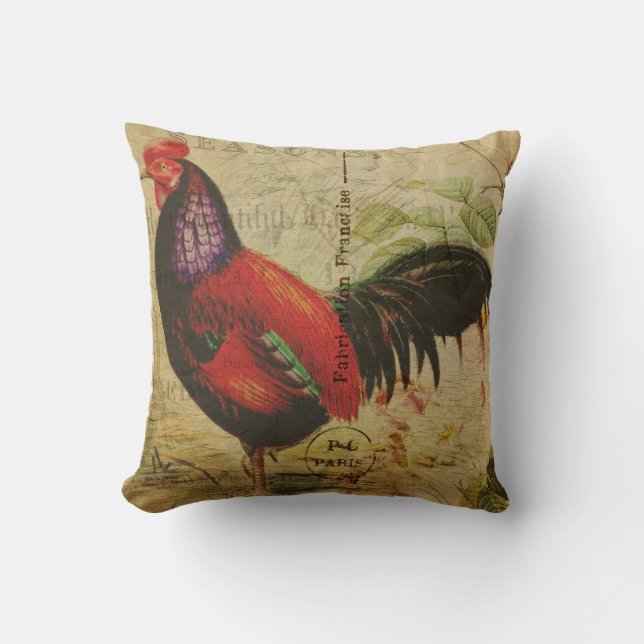 Oreiller jeté Coq de Campagne Français Vintage (Recto)