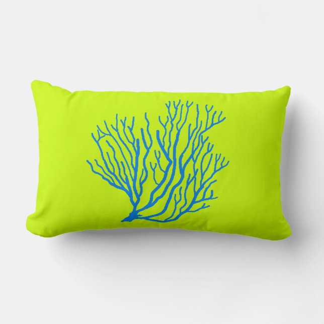 Oreiller jeté Corail de mer vert lime et bleu (Recto)