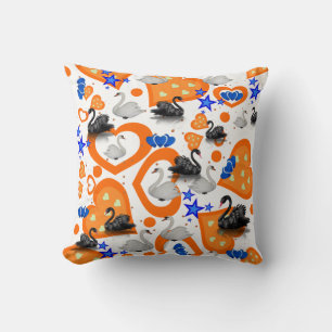 Oreiller Jeté Cygne Cœurs Orange Étoiles Bleues