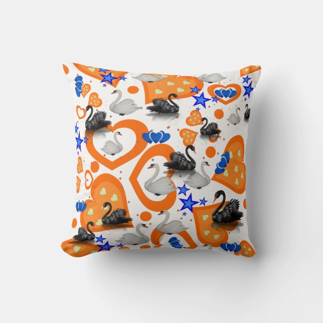 Oreiller Jeté Cygne Cœurs Orange Étoiles Bleues (Recto)