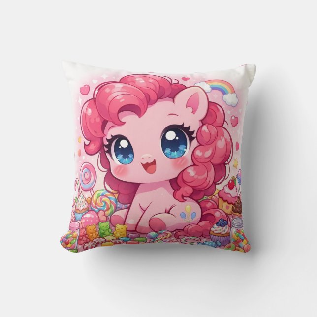 Oreiller jeté d'art Chibi Cheval Rose Kawaii (Recto)
