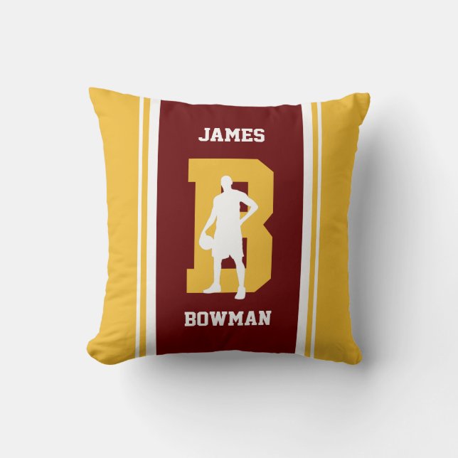 Oreiller jeté de basketball rayé bordeaux et or (Recto)