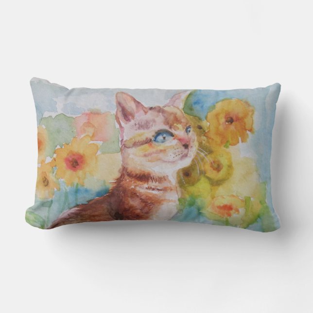 Oreiller jeté de chat de champ de fleurs jaunes (Recto)