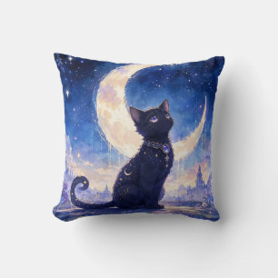 Oreiller jeté de chat noir au clair de lune