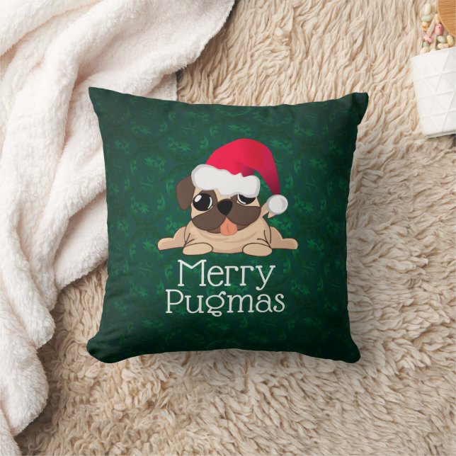 Oreiller jeté de chien Pug de Noël 16" x 16" (Couverture)