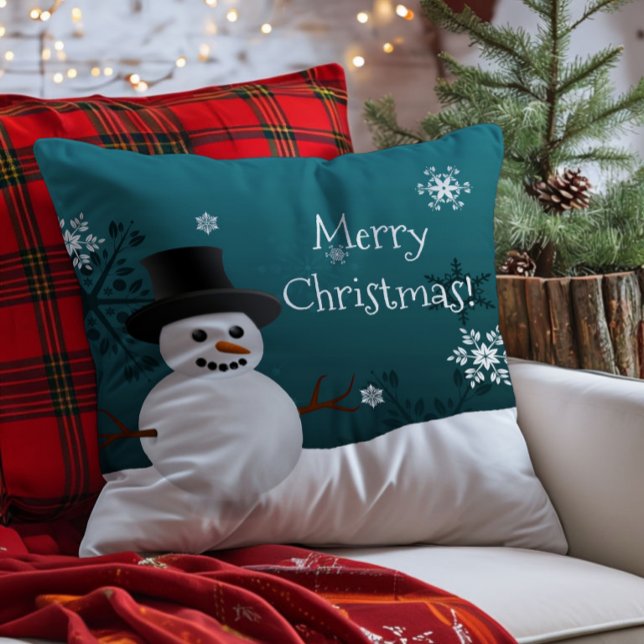 Oreiller jeté de Noël Scène hivernale Bonhomme de  (Teal Snowman Winter Scene Christmas Throw Pillow)