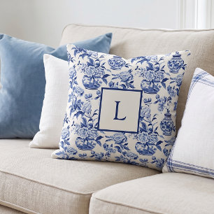Oreiller jeté de pays français à monogramme bleu