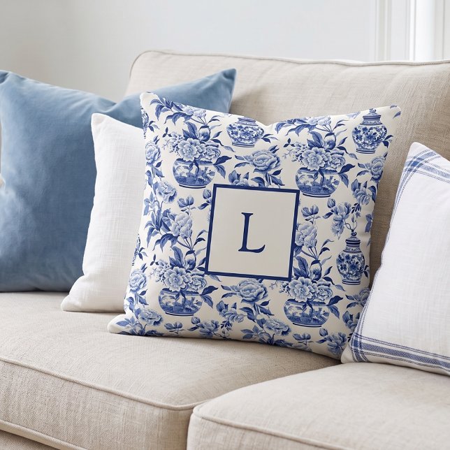 Oreiller jeté de pays français à monogramme bleu (Créateur téléchargé)