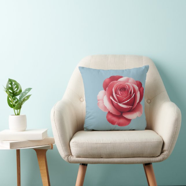 Oreiller jeté de rose rouge moderne sur fond bleu  (Chaise)