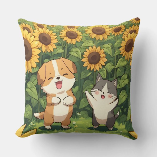 Oreiller jeté de tournesol de chat et de chien mig (Recto)