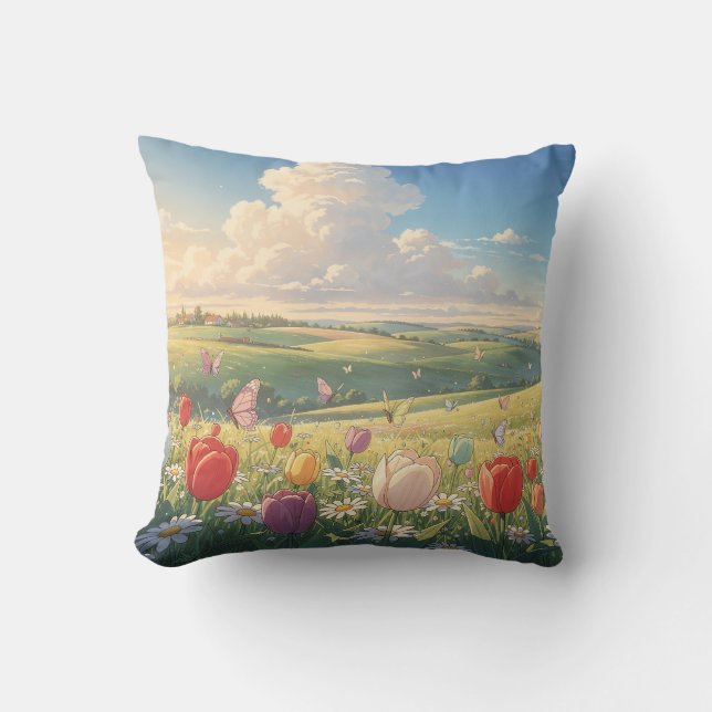 Oreiller jeté de tulipes de prairie printanière (Recto)