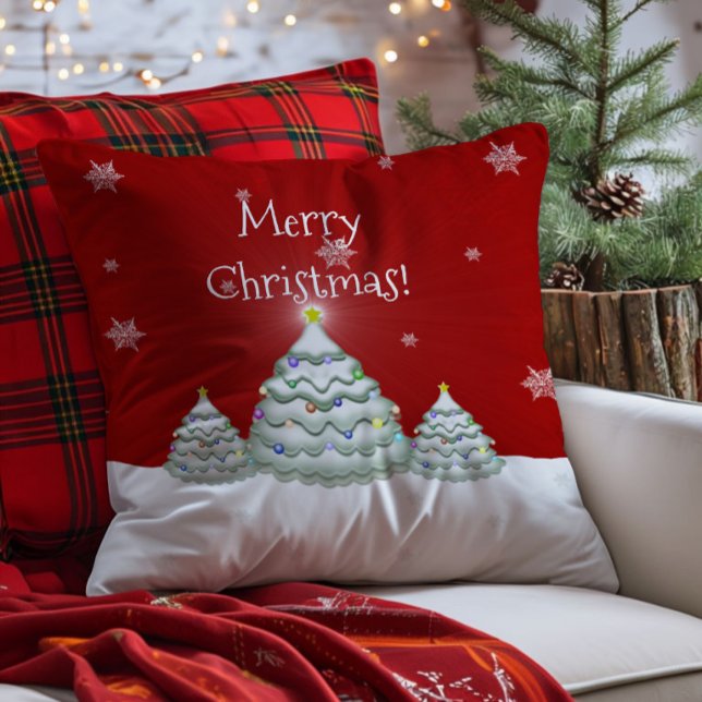 Oreiller jeté en forme de sapin de Noël enneigé ro (Red Christmas Tree Throw Pillow)