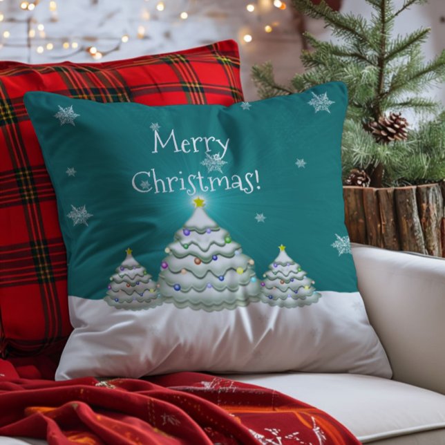Oreiller jeté en forme de sapin de Noël enneigé sa (Teal Christmas Tree Throw Pillow)