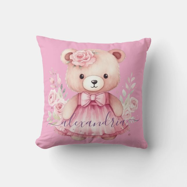 Oreiller jeté en forme d'ours en peluche rose pers (Recto)