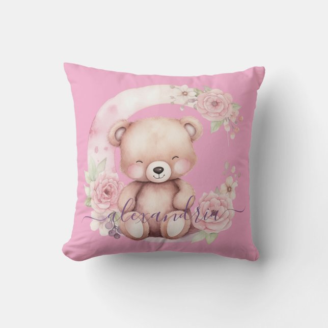 Oreiller jeté en forme d'ours en peluche rose pers (Recto)