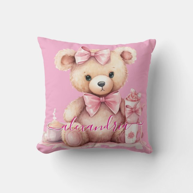 Oreiller jeté en forme d'ours en peluche rose pers (Recto)
