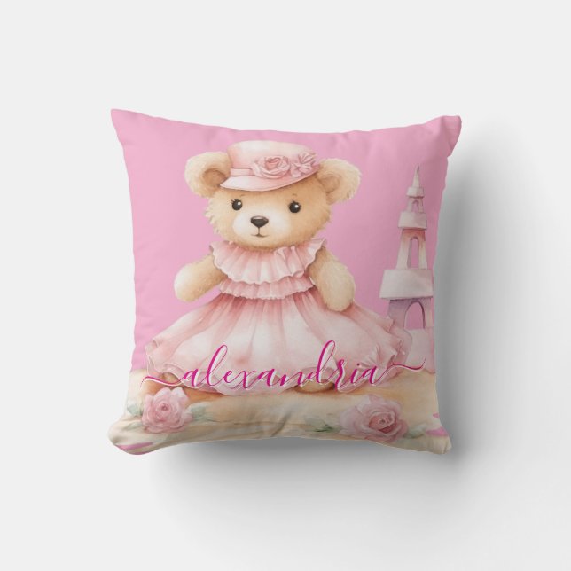 Oreiller jeté en forme d'ours en peluche rose pers (Recto)
